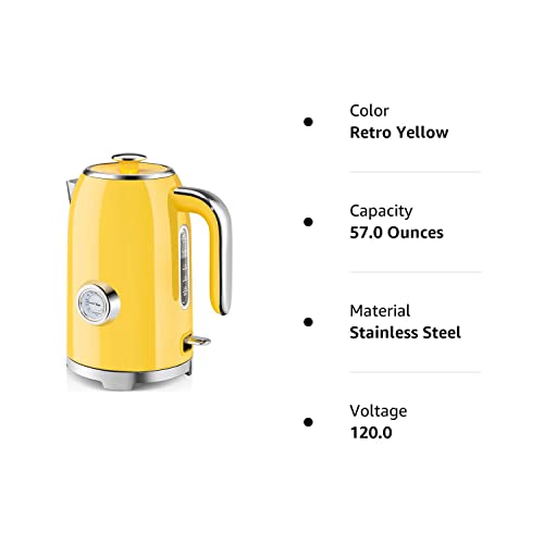 SUSTEAS Electric Kettle - 57oz Hot Tea Kettle Water Boiler with Thermometer, 1500W Fast Heating Stainless Steel Tea Pot, Cordless with LED Indicator, Auto Shut-Off & Boil Dry Protection, Retro Yellow