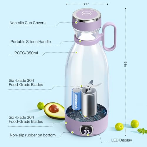 Portable Blender, MIAOKE 6 Blades Juicer Cup for Juice Shakes and Smoothies 350ml Mini Blender with Led Display Usb Rechargeable,3000Mah Rechargeable Battery, for Home Sports Outdoors Travel-Purple