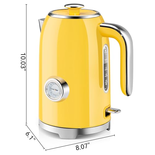 SUSTEAS Electric Kettle - 57oz Hot Tea Kettle Water Boiler with Thermometer, 1500W Fast Heating Stainless Steel Tea Pot, Cordless with LED Indicator, Auto Shut-Off & Boil Dry Protection, Retro Yellow