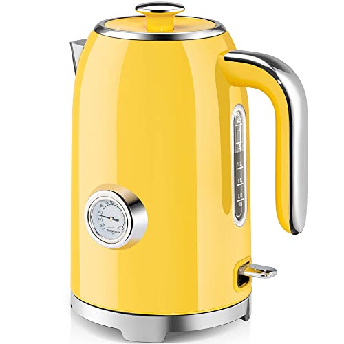 SUSTEAS Electric Kettle - 57oz Hot Tea Kettle Water Boiler with Thermometer, 1500W Fast Heating Stainless Steel Tea Pot, Cordless with LED Indicator, Auto Shut-Off & Boil Dry Protection, Retro Yellow