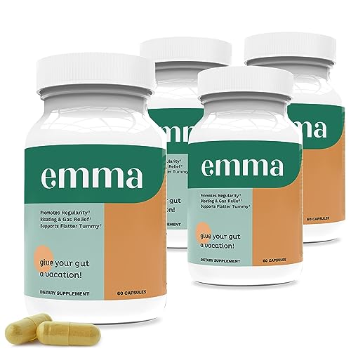 Emma Gut Health - 4 Pack - Gas and Bloating Relief, Constipation, Leaky Gut Repair - Gut Cleanse & Restore Digestion - Regulate Bowel Movement. Probiotics and Laxative Alternative, 240 Capsules