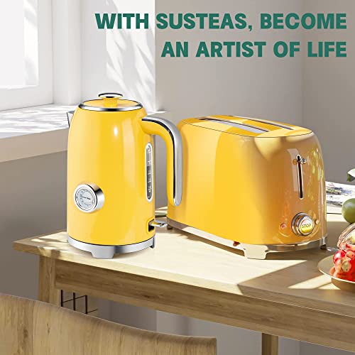 SUSTEAS Electric Kettle - 57oz Hot Tea Kettle Water Boiler with Thermometer, 1500W Fast Heating Stainless Steel Tea Pot, Cordless with LED Indicator, Auto Shut-Off & Boil Dry Protection, Retro Yellow