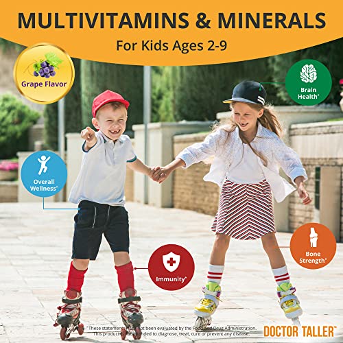 Doctor Taller Kids - Kids Multivitamins, Toddler Vitamins - Support Bone Strength, Enhanced Immunity with Calcium, Multivitamins for Ages 2 to 9 - Grape Flavor - 90 Vegan Chewable Tablets | 1 Pack