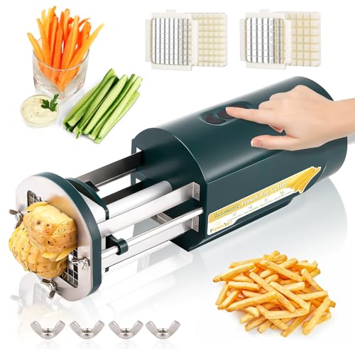 Flyseago Electric French Fry Cutter Automatic Potato Cutter Machine Commercial French Fry Maker Cutter Household with 1/2 & 3/8 Inch Stainless Steel Blades for Cucumbers, Carrots (Green)