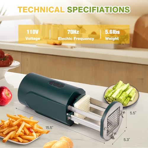 Flyseago Electric French Fry Cutter Automatic Potato Cutter Machine Commercial French Fry Maker Cutter Household with 1/2 & 3/8 Inch Stainless Steel Blades for Cucumbers, Carrots (Green)