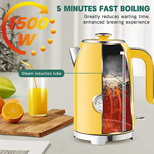 SUSTEAS Electric Kettle - 57oz Hot Tea Kettle Water Boiler with Thermometer, 1500W Fast Heating Stainless Steel Tea Pot, Cordless with LED Indicator, Auto Shut-Off & Boil Dry Protection, Retro Yellow