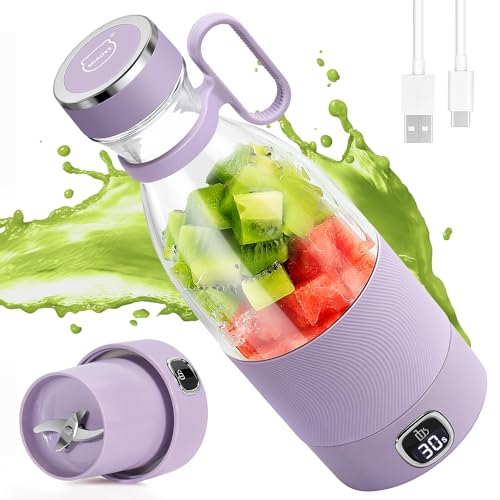 Portable Blender, MIAOKE 6 Blades Juicer Cup for Juice Shakes and Smoothies 350ml Mini Blender with Led Display Usb Rechargeable,3000Mah Rechargeable Battery, for Home Sports Outdoors Travel-Purple