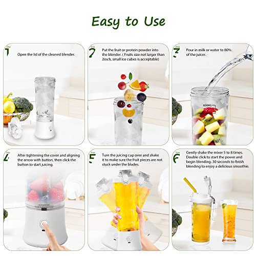 Portable Blender, Personal Blender for Shakes and Smoothies, Mini Blender with 6 Blades USB Rechargeable, 20 Oz To-Go Cups and Spout Lids for Frozen Blending, Kitchen, Home, Travel, BPA-Free