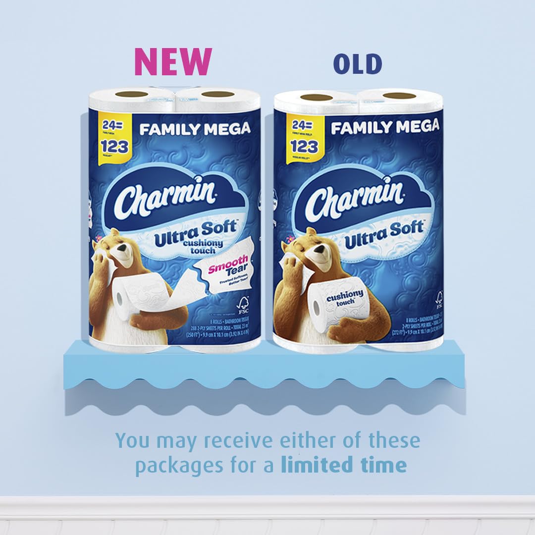 Charmin Ultra Soft Cushiony Touch Toilet Paper, 24 Family Mega Rolls = 123 Regular Rolls (Packaging May Vary)