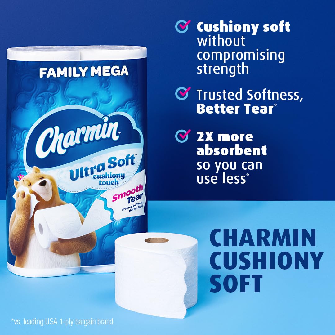 Charmin Ultra Soft Cushiony Touch Toilet Paper, 24 Family Mega Rolls = 123 Regular Rolls (Packaging May Vary)