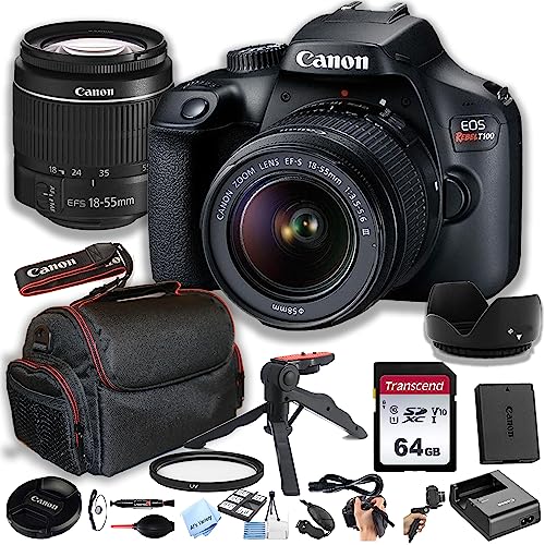 Canon EOS Rebel T100 (EOS 4000D) DSLR Camera w/EF-S 18-55mm F/3.5-5.6 Zoom Lens + 64GB Memory Card, Case, Hood, Grip-Pod, Filter Professional Photo Bundle (Renewed)