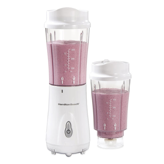 Hamilton Beach Portable Blender for Shakes and Smoothies with 14 Oz BPA Free Travel Cup and Lid, Durable Stainless Steel Blades for Powerful Blending Performance, 2 Jars - White (51102V)