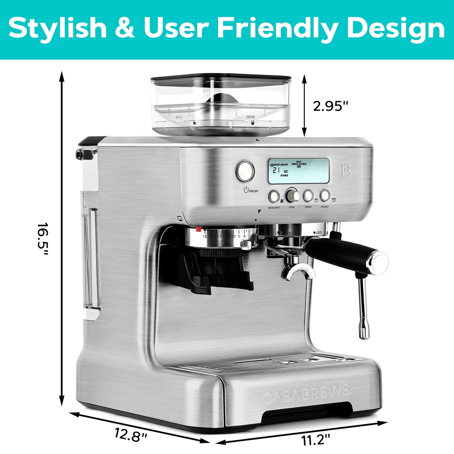 CASABREWS Espresso Machine with Grinder, Barista Espresso Maker with Milk Frother Steam Wand, Professional Cappuccino Latte Machine with LCD Display, Gifts for Dad, Mom, Coffee Lover or Housewarming