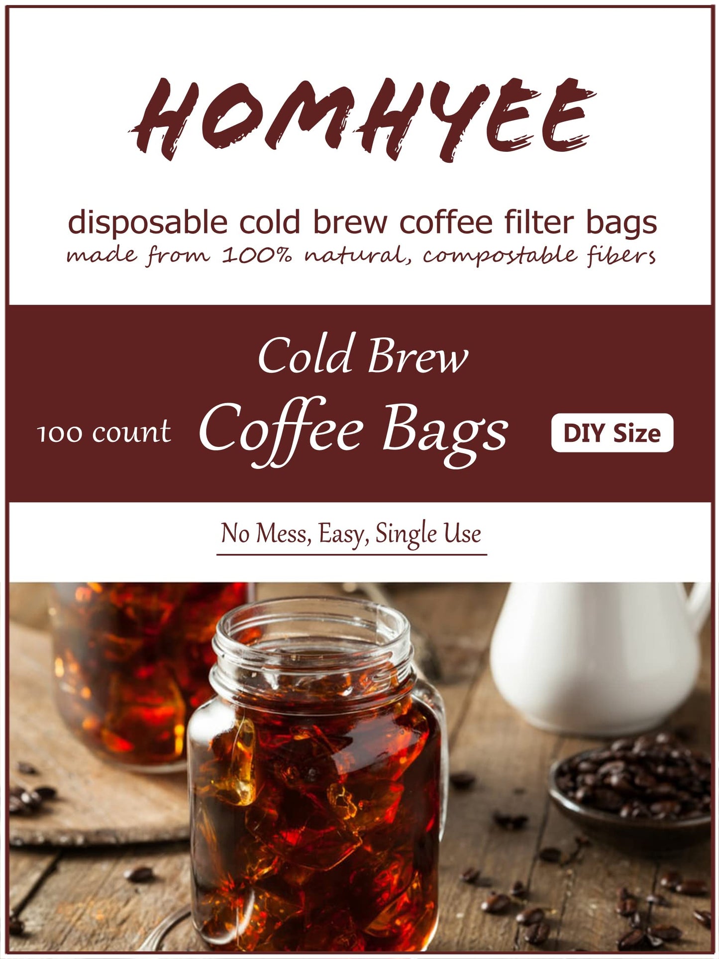 HOMYHEE No Mess Cold Brew Coffee Filters - 100 Count Disposable Fine Mesh Brewing Bags for Concentrate/Iced Coffee Maker, French/Cold Press Kit, Hot Tea in Mason Jar or Pitcher, 4 x 6 Inches