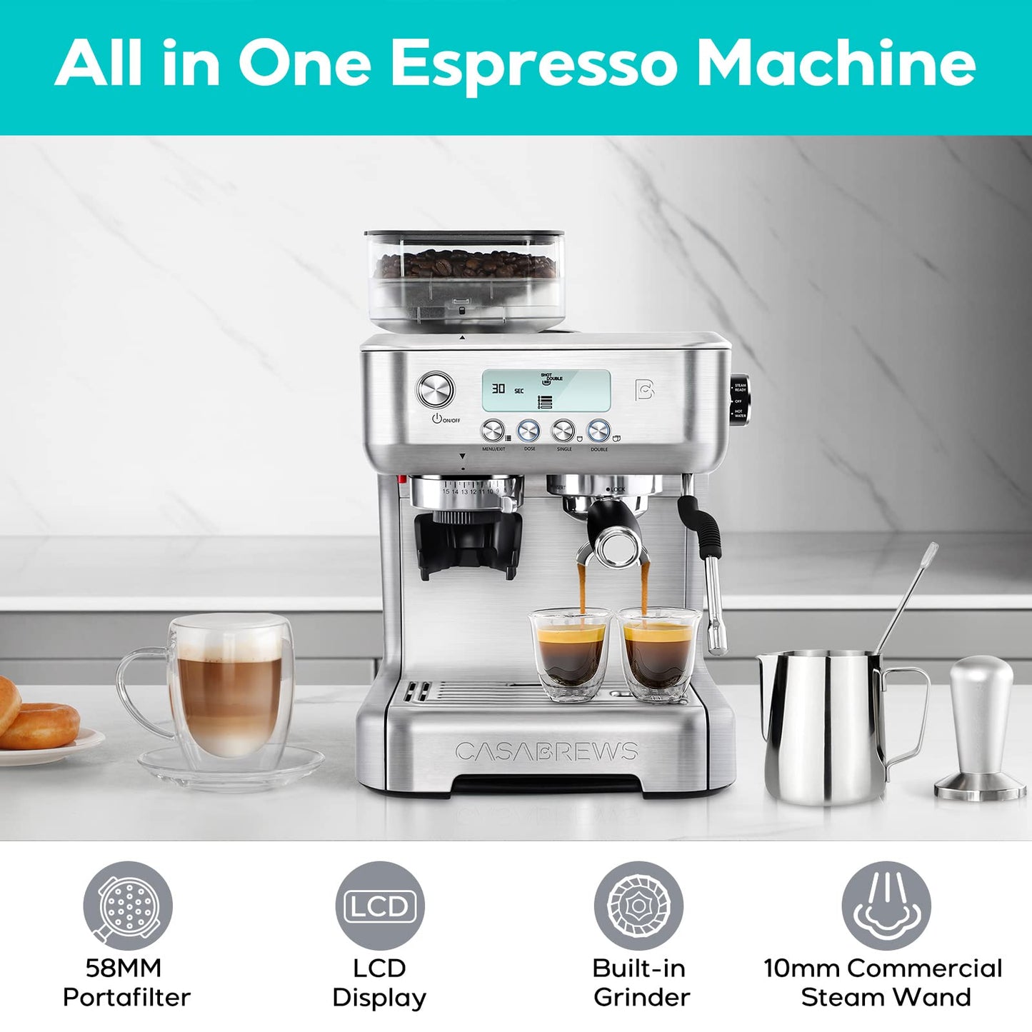 CASABREWS Espresso Machine with Grinder, Barista Espresso Maker with Milk Frother Steam Wand, Professional Cappuccino Latte Machine with LCD Display, Gifts for Dad, Mom, Coffee Lover or Housewarming