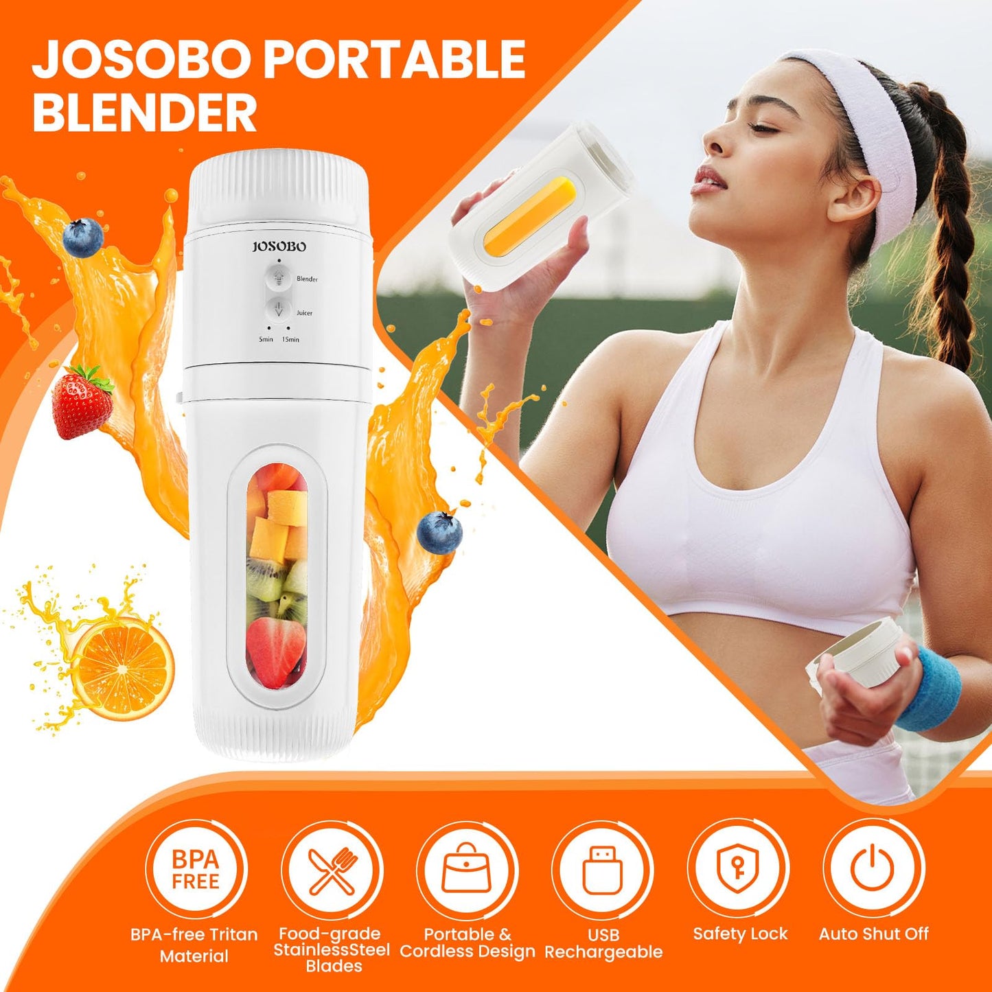 JOSOBO Portable Blender for Shakes and Smoothies with 13 Oz BPA Free Travel Cup and Lid, Upgraded Triple Blender Head, USB Rechargeable, Portable Juicer for Home, Travel, Camping