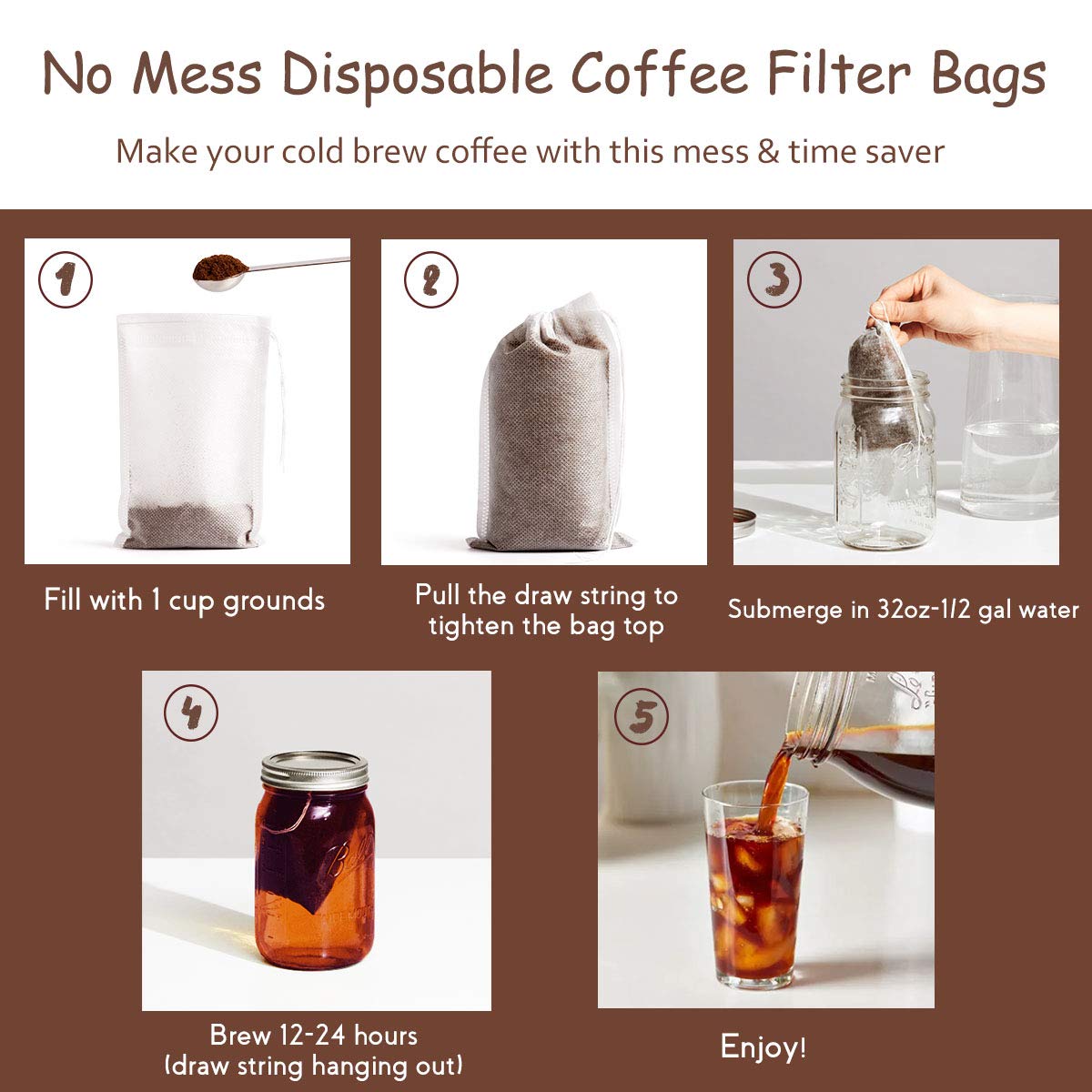 HOMYHEE No Mess Cold Brew Coffee Filters - 100 Count Disposable Fine Mesh Brewing Bags for Concentrate/Iced Coffee Maker, French/Cold Press Kit, Hot Tea in Mason Jar or Pitcher, 4 x 6 Inches