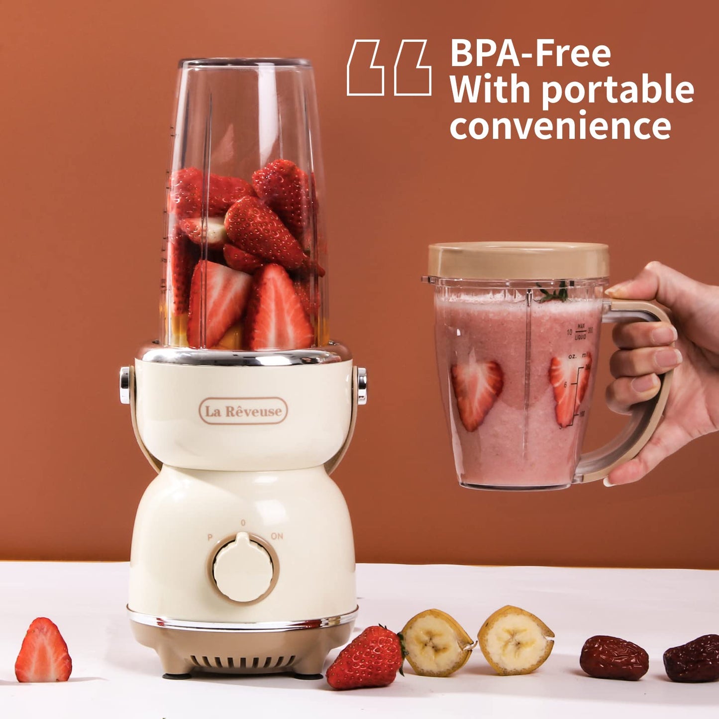 La Reveuse Personal Size Blender 300 Watts for Shakes Smoothies Seasonings Sauces with 17 oz Cup / 10 oz Mug,Retro Style