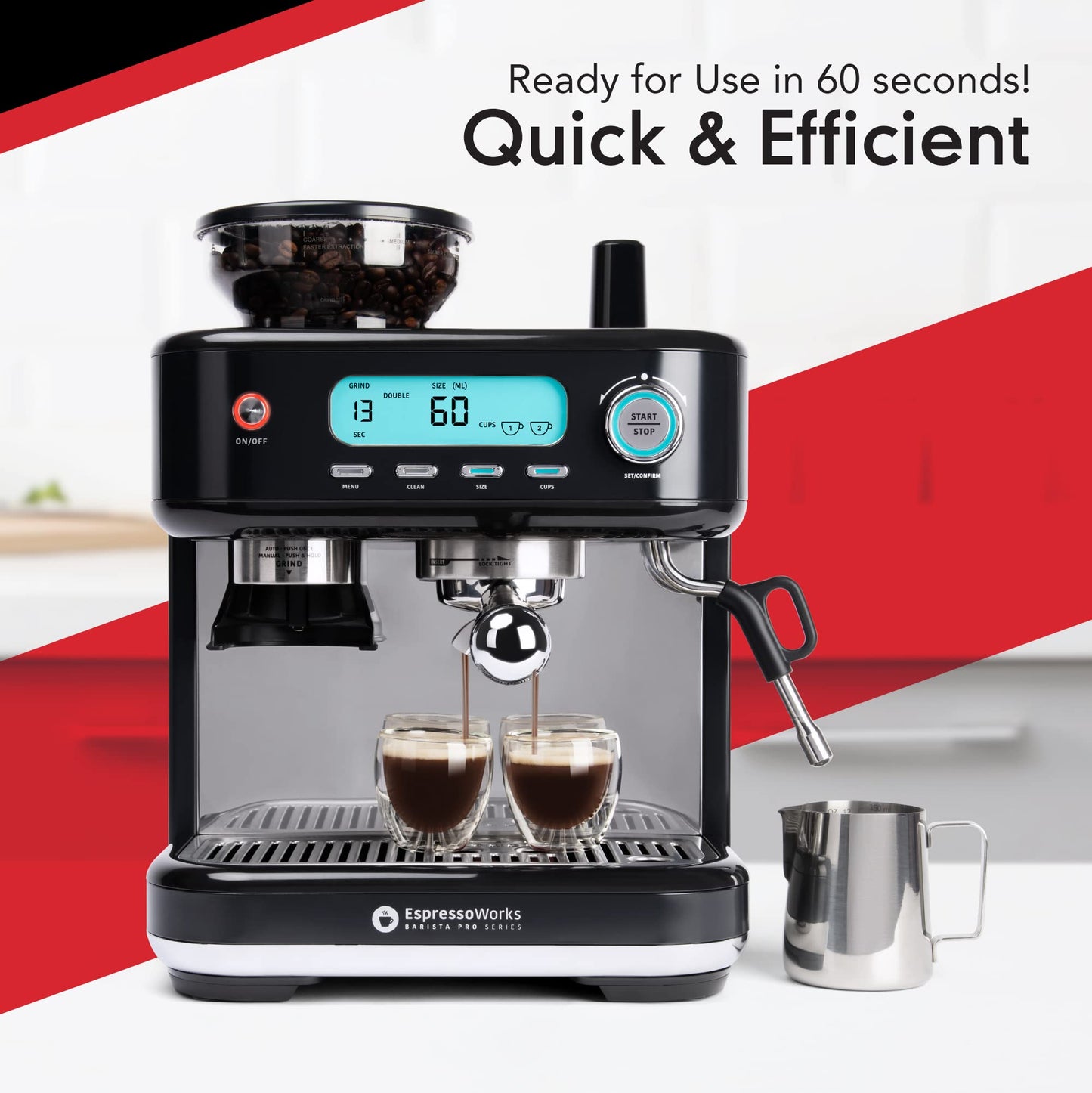 EspressoWorks Barista Pro Series Espresso Machine with Grinder, Steamer and LCD Display - Ready To Go In 60 Sec - 15-Bar Latte and Cappuccino Machine 30-Piece Bundle - Coffee Gifts (Black)