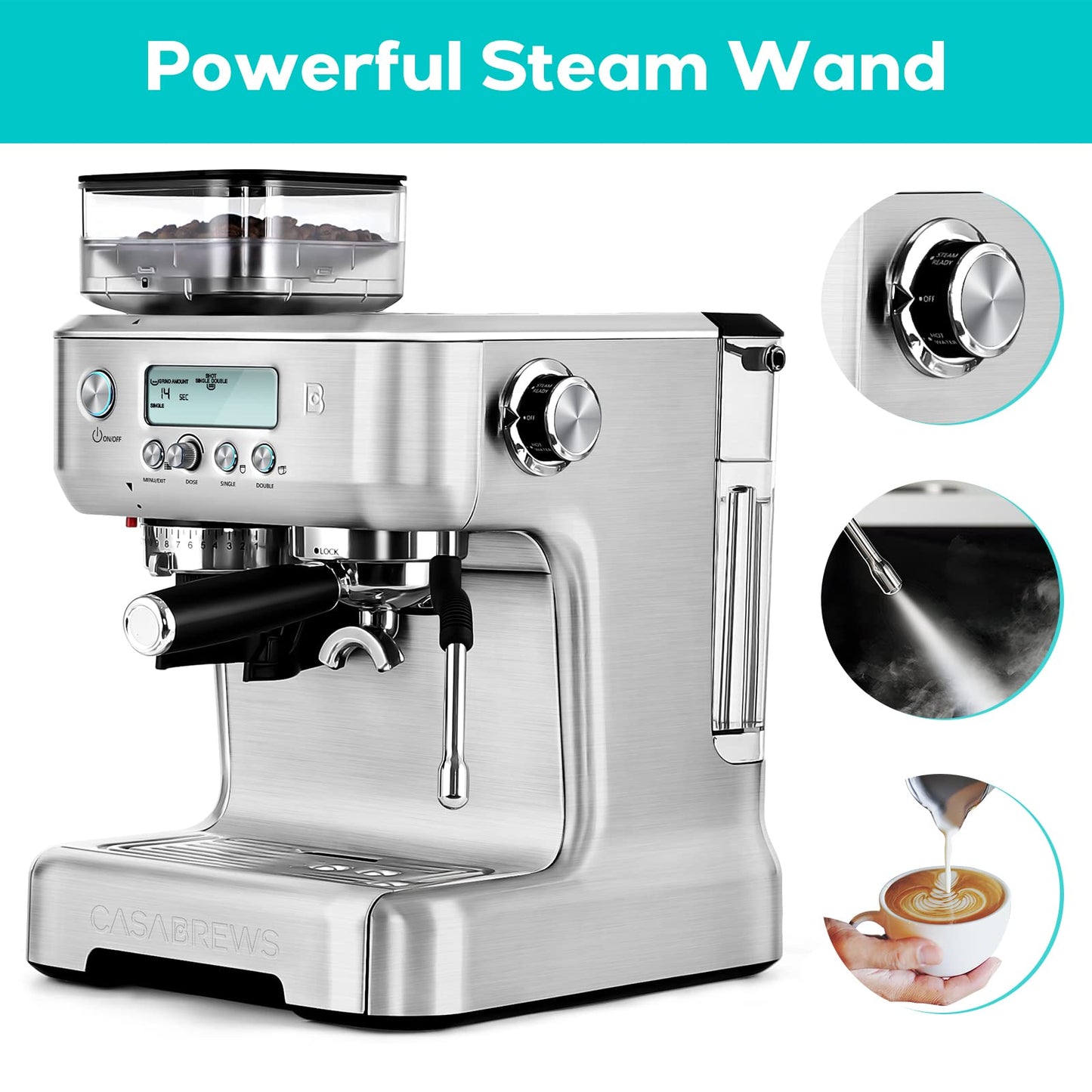 CASABREWS Espresso Machine with Grinder, Barista Espresso Maker with Milk Frother Steam Wand, Professional Cappuccino Latte Machine with LCD Display, Gifts for Dad, Mom, Coffee Lover or Housewarming