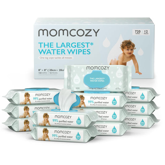 Baby Wipes, Momcozy Sensitive Water Wipes-Extra Large Size Design, One Top Two, 99% Purified Water, Unscented & Hypoallergenic, Friendly to Sensitive Skin, 12 Flip-Top Packs (720 Wipes Total)