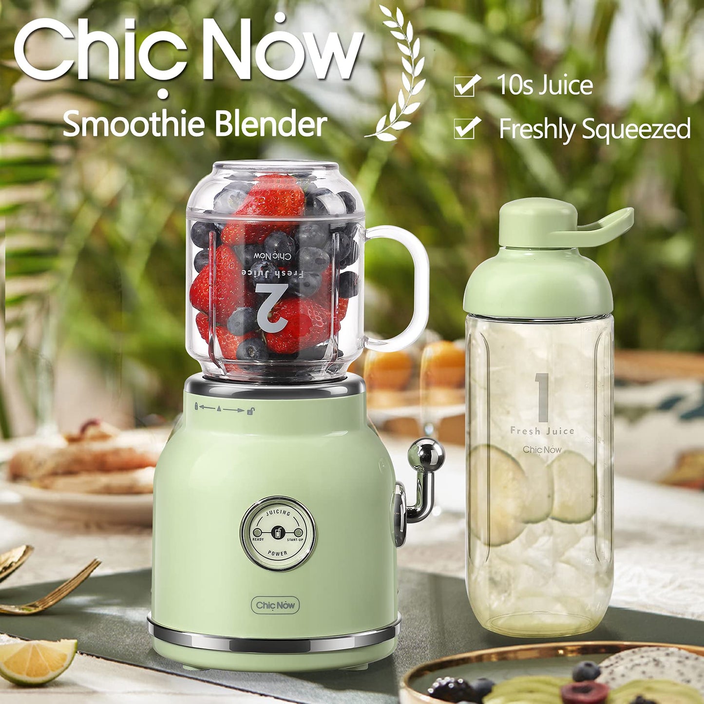 Smoothie Blender Personal Blender, Chic Now Portable Smoothie Maker for Juice Shakes and Smoothie with 6 Sharp Blades, Travel Cup and Lid, Green