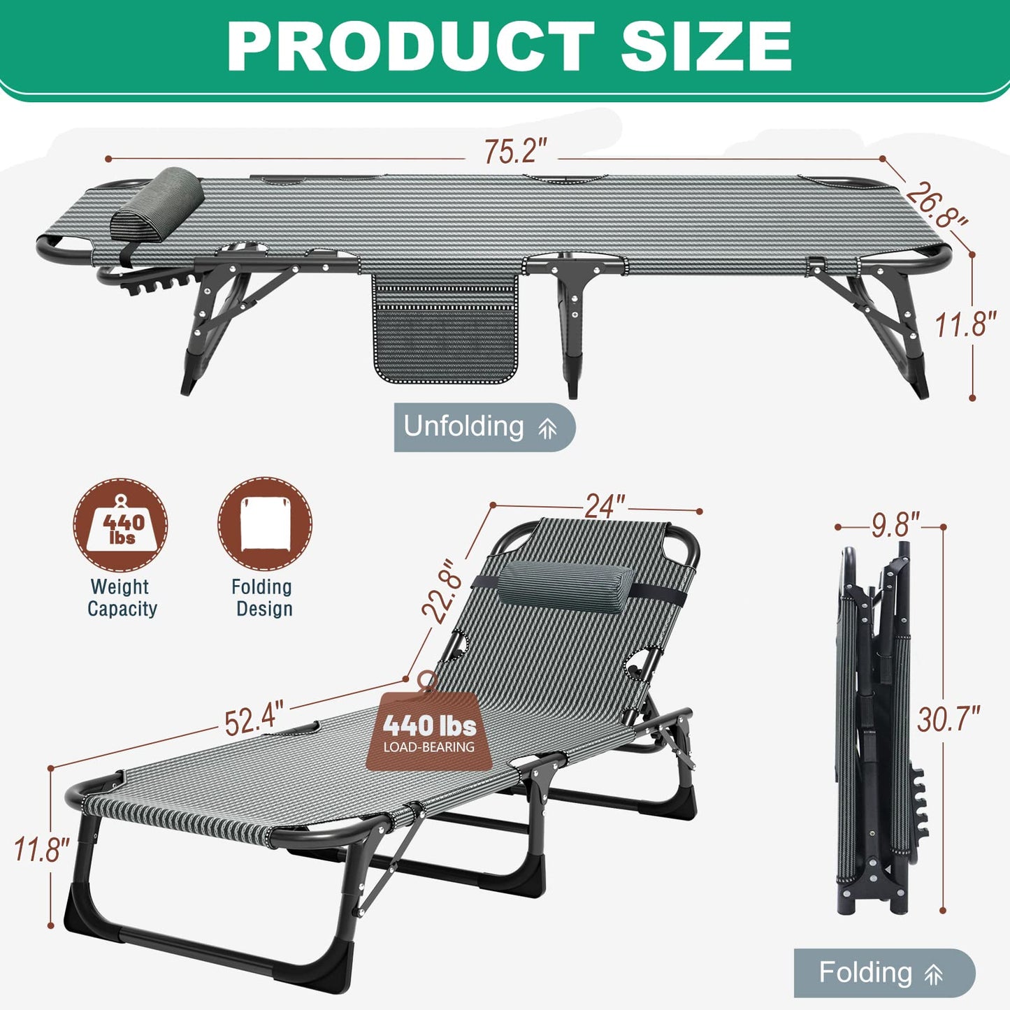 Camping Cot, Adjustable 4-Position Adults Reclining folding Chaise with Pillow, Outdoor portable Lounge Chair Sleeping Cots Bed, Perfect for Camping, Pool, Beach, Patio