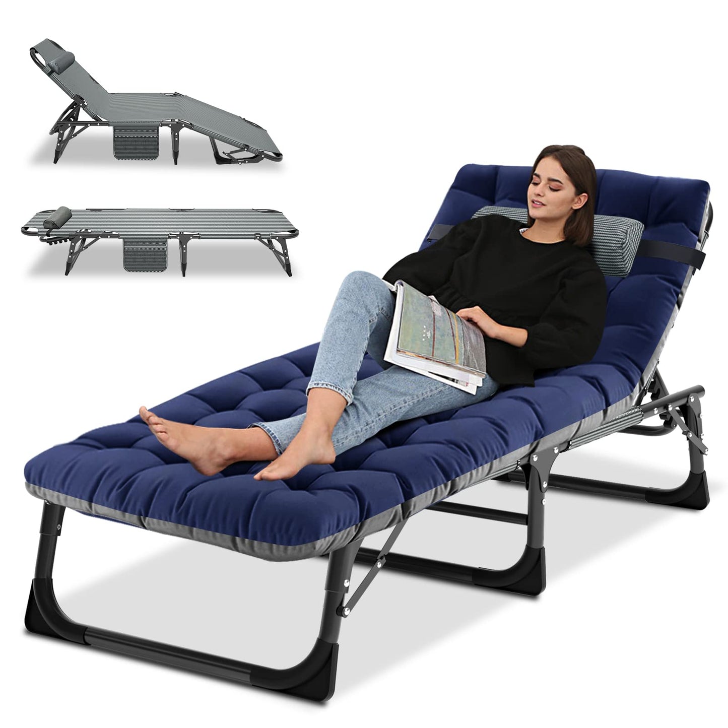 Camping Cot, Adjustable 4-Position Adults Reclining folding Chaise with Pillow, Outdoor portable Lounge Chair Sleeping Cots Bed, Perfect for Camping, Pool, Beach, Patio