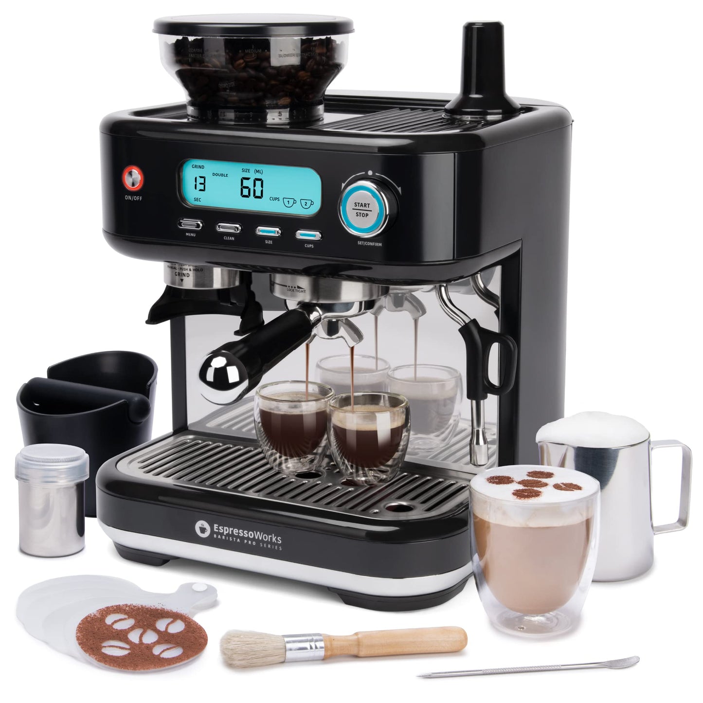 EspressoWorks Barista Pro Series Espresso Machine with Grinder, Steamer and LCD Display - Ready To Go In 60 Sec - 15-Bar Latte and Cappuccino Machine 30-Piece Bundle - Coffee Gifts (Black)