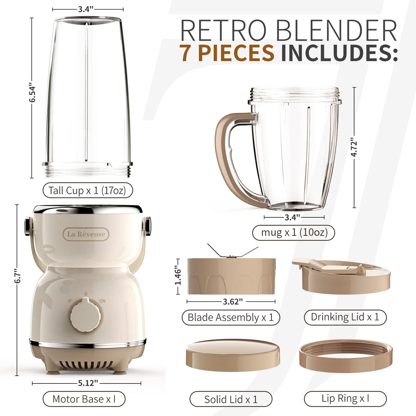 La Reveuse Personal Size Blender 300 Watts for Shakes Smoothies Seasonings Sauces with 17 oz Cup / 10 oz Mug,Retro Style