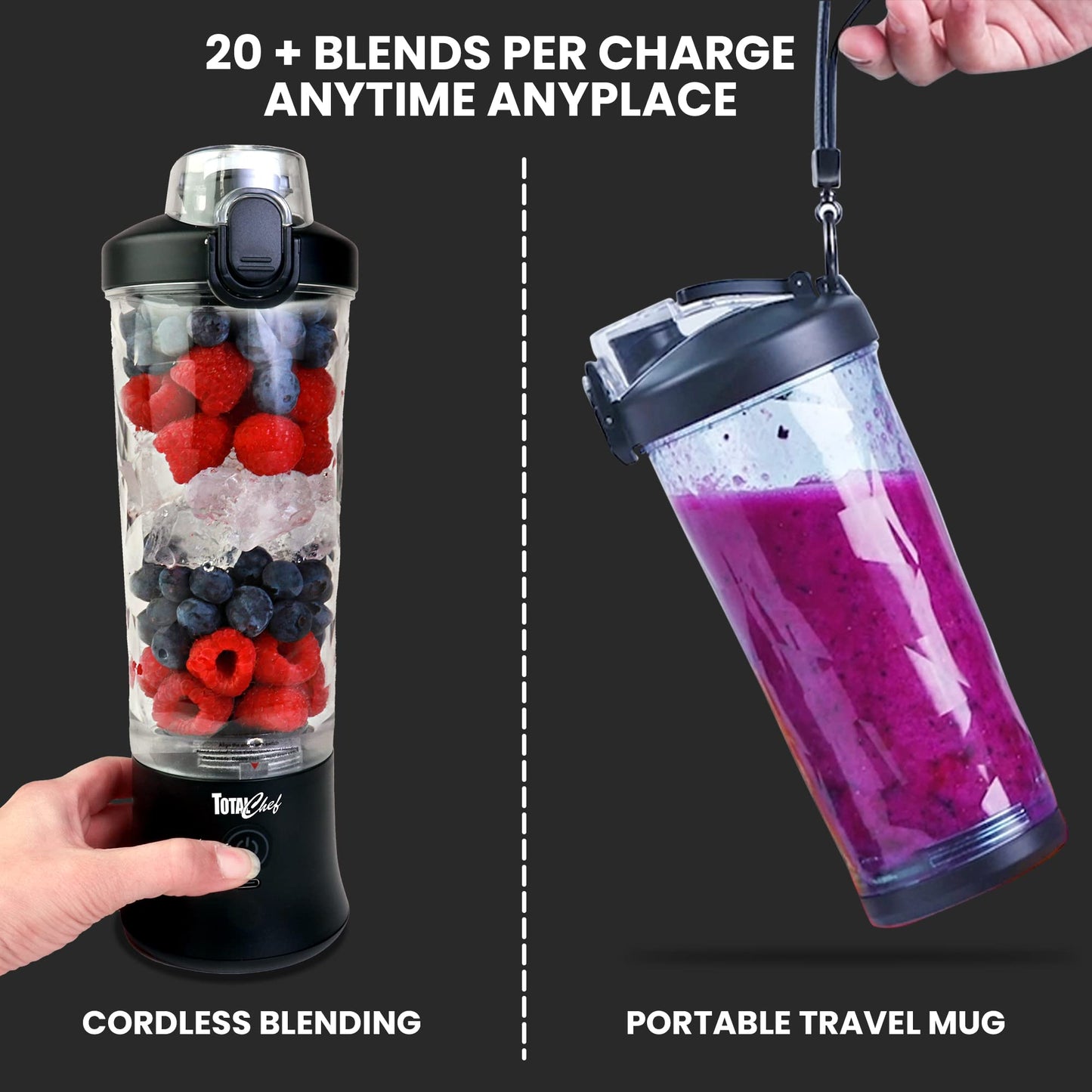 Total Chef Portable Blender, Personal Blender for Smoothies and Shakes with 6 Stainless Steel Blades, 20 oz (600 mL) Travel Blenders Type-C USB Rechargeable Mini Blender, Leakproof Travel Lid