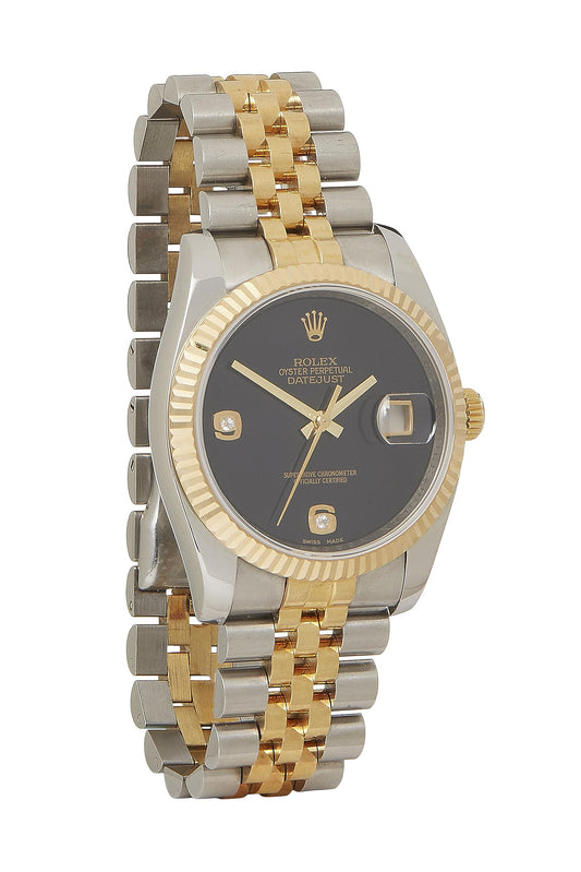 Rolex, Pre-Loved Stainless Steel & 18K Yellow Gold Onyx Diamond Datejust 116233 36mm, Black