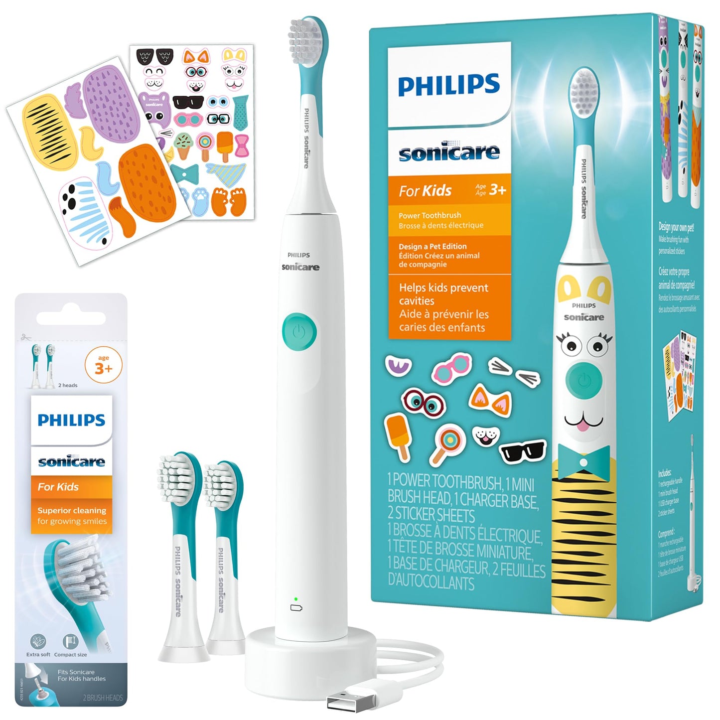 Philips Sonicare for Kids Design a Pet Edition, Corded Electric, Brush Head Bundle, BD1005/AZ