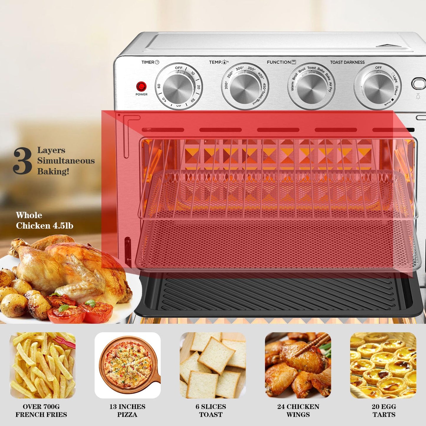 Geek Chef Air Fryer, 6 Slice 26QT Air Fryer Toaster Oven Combo, Air Fryer Oven,Roast, Bake, Broil, Reheat, Fry Oil-Free, Extra Large Convection Countertop Oven, Stainless Steel, ETL Listed