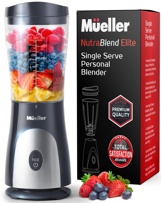 Mueller Personal Blender for Shakes and Smoothies with 15 Oz Travel Cup and Lid, Juices, Baby Food, Heavy-Duty Portable Blender & Food Processor, Grey