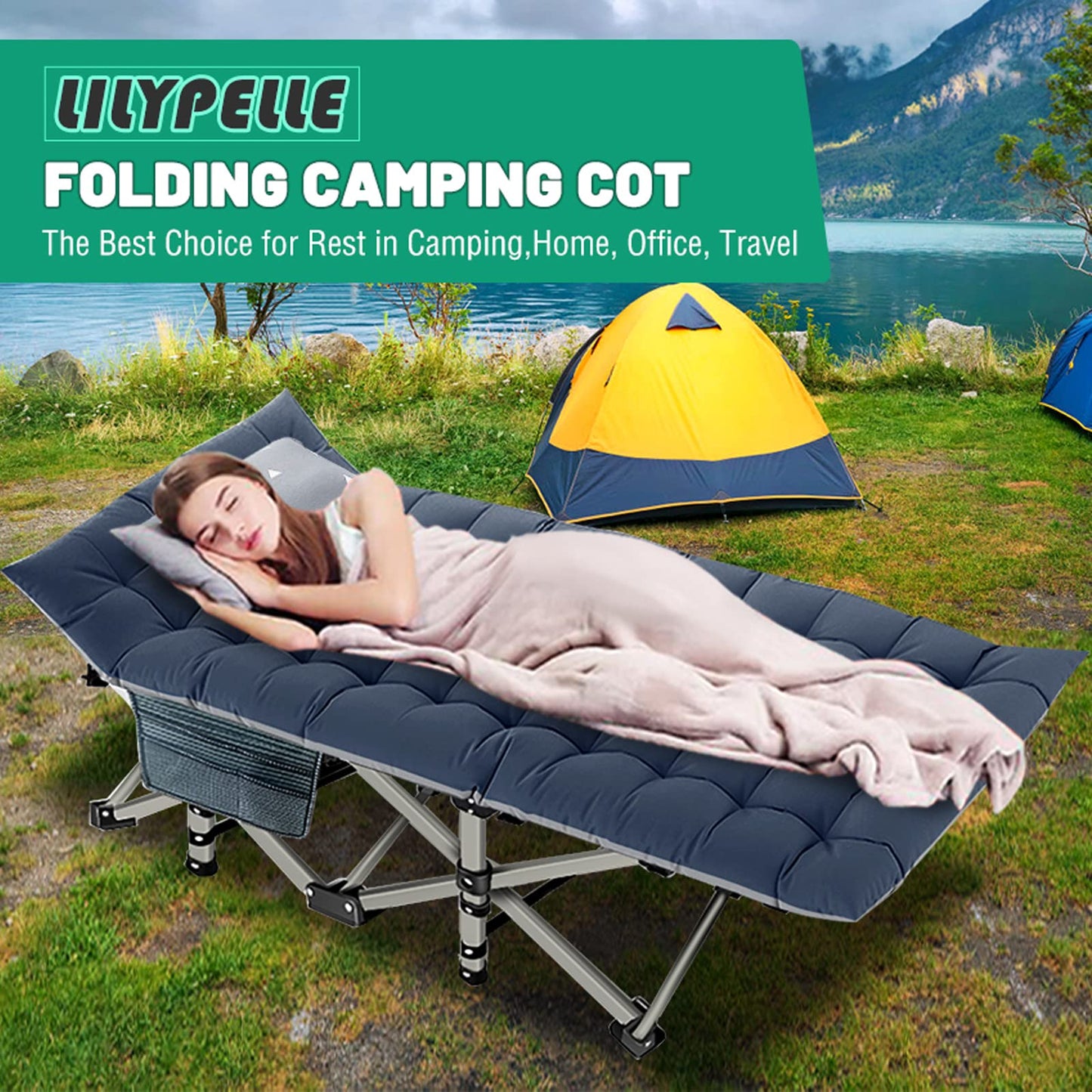 LILYPELLE Oversized XXL Folding Camping Cot, 78" L x 32" W x 18" H Heavy Duty Sleeping Cots with Carry Bag, Double Layer Oxford Portable Travel Camp Cots for Home, Office Nap and Outdoor Beach