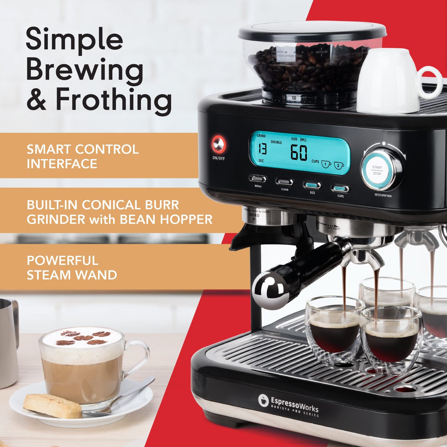 EspressoWorks Barista Pro Series Espresso Machine with Grinder, Steamer and LCD Display - Ready To Go In 60 Sec - 15-Bar Latte and Cappuccino Machine 30-Piece Bundle - Coffee Gifts (Black)