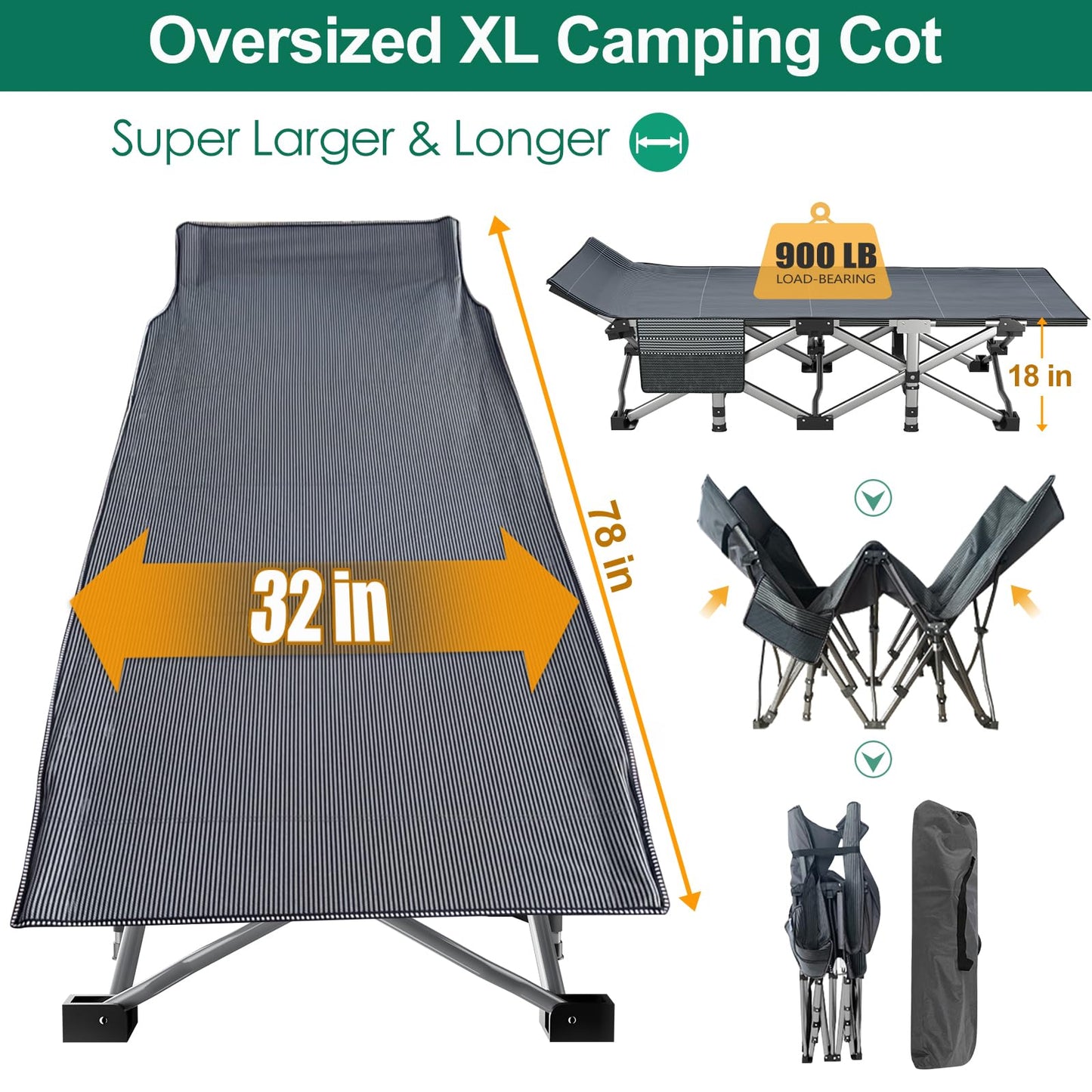 LILYPELLE Oversized XXL Folding Camping Cot, 78" L x 32" W x 18" H Heavy Duty Sleeping Cots with Carry Bag, Double Layer Oxford Portable Travel Camp Cots for Home, Office Nap and Outdoor Beach