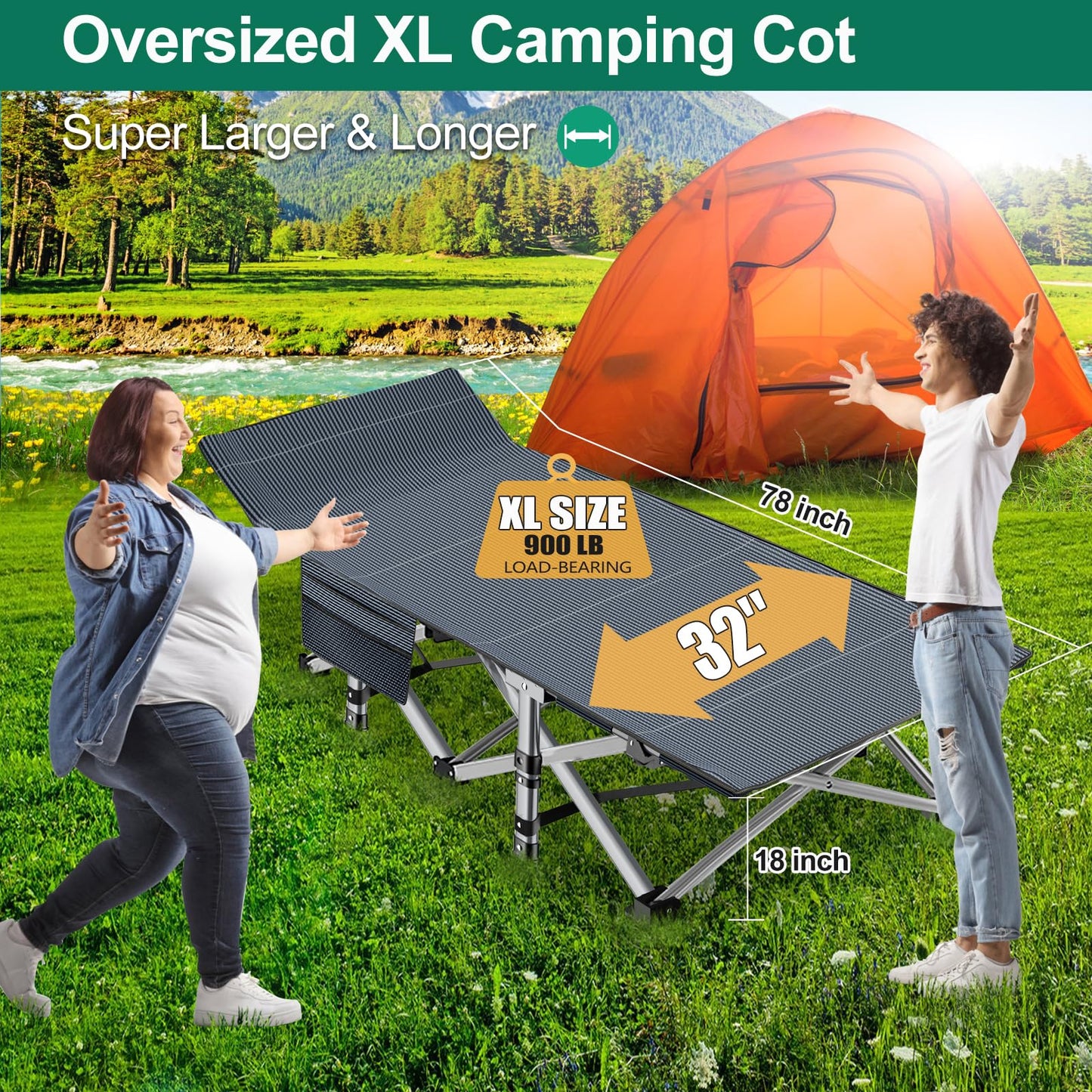 LILYPELLE Oversized XXL Folding Camping Cot, 78" L x 32" W x 18" H Heavy Duty Sleeping Cots with Carry Bag, Double Layer Oxford Portable Travel Camp Cots for Home, Office Nap and Outdoor Beach